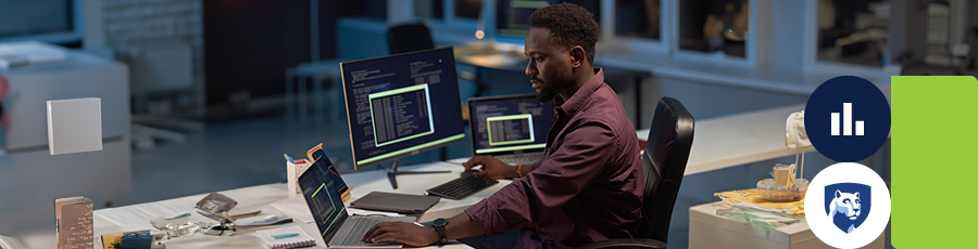 Individual working at a desk with multiple monitors displaying code. Conclusion.

